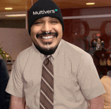 a man wearing a beanie that says multivers