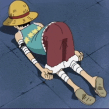 a cartoon character wearing a straw hat laying on the ground