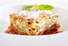 a slice of lasagna on a white plate with sauce