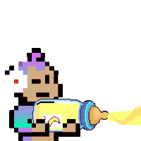 a pixel art drawing of a person holding a bottle with a flame coming out of it .