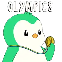 a cartoon of a penguin holding a gold medal with the word olympics in the background