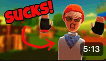 a cartoon character is wearing sunglasses and a hat and has a red arrow pointing to him .