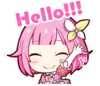 a cartoon girl with pink hair and a flower in her hair says hello !!!
