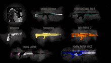 a display of different types of guns including heavy shotgun