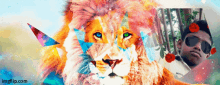 a colorful lion with a man in sunglasses behind it and the website imgflip.com