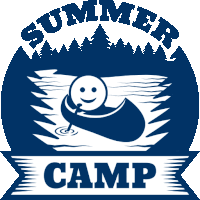 a logo for a summer camp with a canoe and a smiley face