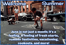 a poster that says welcome summer and shows a boy playing hopscotch