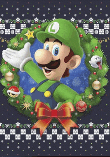 a christmas sweater with a picture of luigi in a wreath