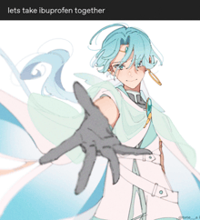 a drawing of a person with blue hair and a caption that says " lets take ibuprofen together "