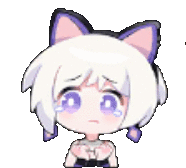 a cartoon girl with white hair and purple eyes is crying and has a cat ear .