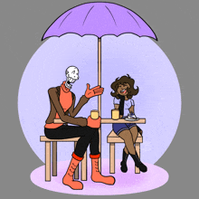 a drawing of a man and a woman under an umbrella