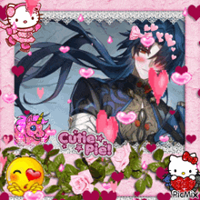 a picture of a man with long hair is surrounded by hearts and hello kitty