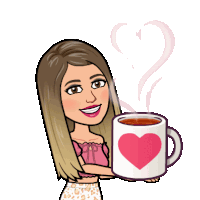 a cartoon girl holding a cup of coffee with a heart on it