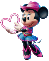 minnie mouse is wearing a cowboy hat and holding two pink hearts