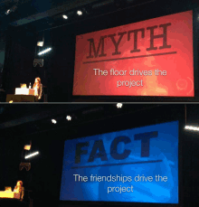 a woman stands in front of a large screen that says myth and fact