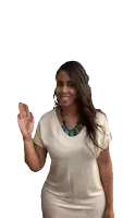 a woman wearing a white shirt and a blue necklace smiles and waves her hand