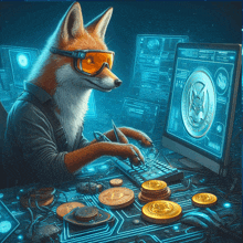 a fox wearing goggles is using a computer with a coin that says fox on it