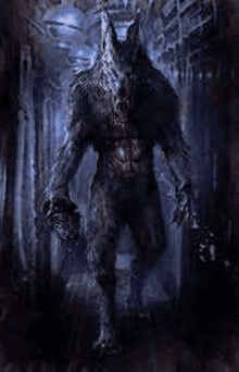 a werewolf is standing in a dark room holding a skull in his hand .