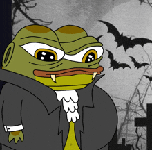 a cartoon frog is dressed as a vampire with bats flying in the background