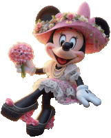 minnie mouse is wearing a pink hat and holding a bouquet of flowers