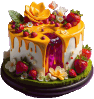 a cake decorated with strawberries and flowers with the word strawberry on it