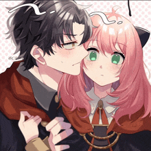 a girl with pink hair is kissing a boy with black hair in a drawing