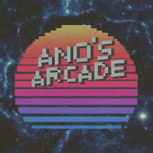 a logo for and 's arcade with a sunset background