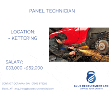 a poster for a panel technician with a picture of a man working on a red car