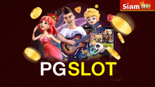 a poster for pg slot shows cartoon characters and coins