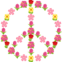 a peace sign surrounded by pink flowers on a white background