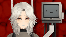 a girl with white hair is standing in front of a computer monitor that says i w