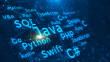 a computer screen displays various programming languages including python and swift