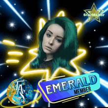 a woman with green hair and a sign that says " emerald member "