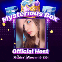 a poster for a mysterious box official host mahira room-id-130