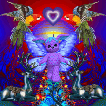 a purple teddy bear with blue wings is surrounded by deer and birds