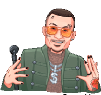 a pixel art illustration of a man in a green jacket holding a microphone and wearing sunglasses .