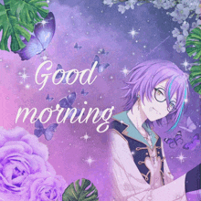 a purple background with flowers and butterflies and the words " good morning "