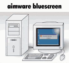 a drawing of a computer with the words aimware bluescreen on the bottom