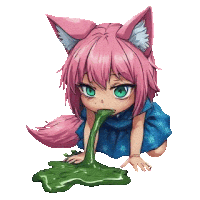 a little girl with pink hair and green eyes is vomiting .