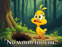 a cartoon of a duck with the words no worm for you below it