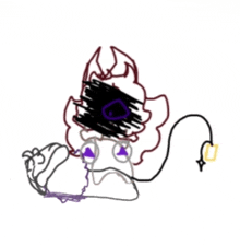 a drawing of a devil with horns and a purple tail .