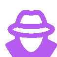 a purple icon of a man wearing a hat and a hood .