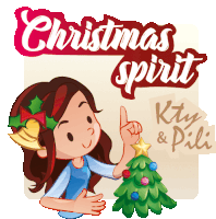 an illustration of a girl decorating a christmas tree with the words christmas spirit behind her