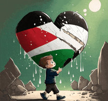 a boy is carrying a broken heart with a flag on it