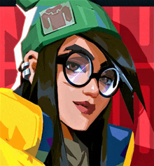 a cartoon drawing of a girl wearing glasses and a green hat