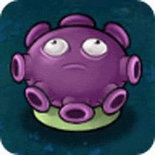 a purple cartoon character with a green base is sitting on top of a green circle .