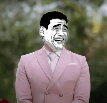 a man in a pink suit is laughing with a cartoon face on his face