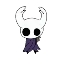 a drawing of a hollow knight from hollow knight with horns and a purple cape .