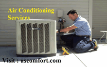 an ad for air conditioning services shows a man working on a unit