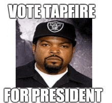 ice cube wearing a raiders hat with the words vote tapfire for president below him